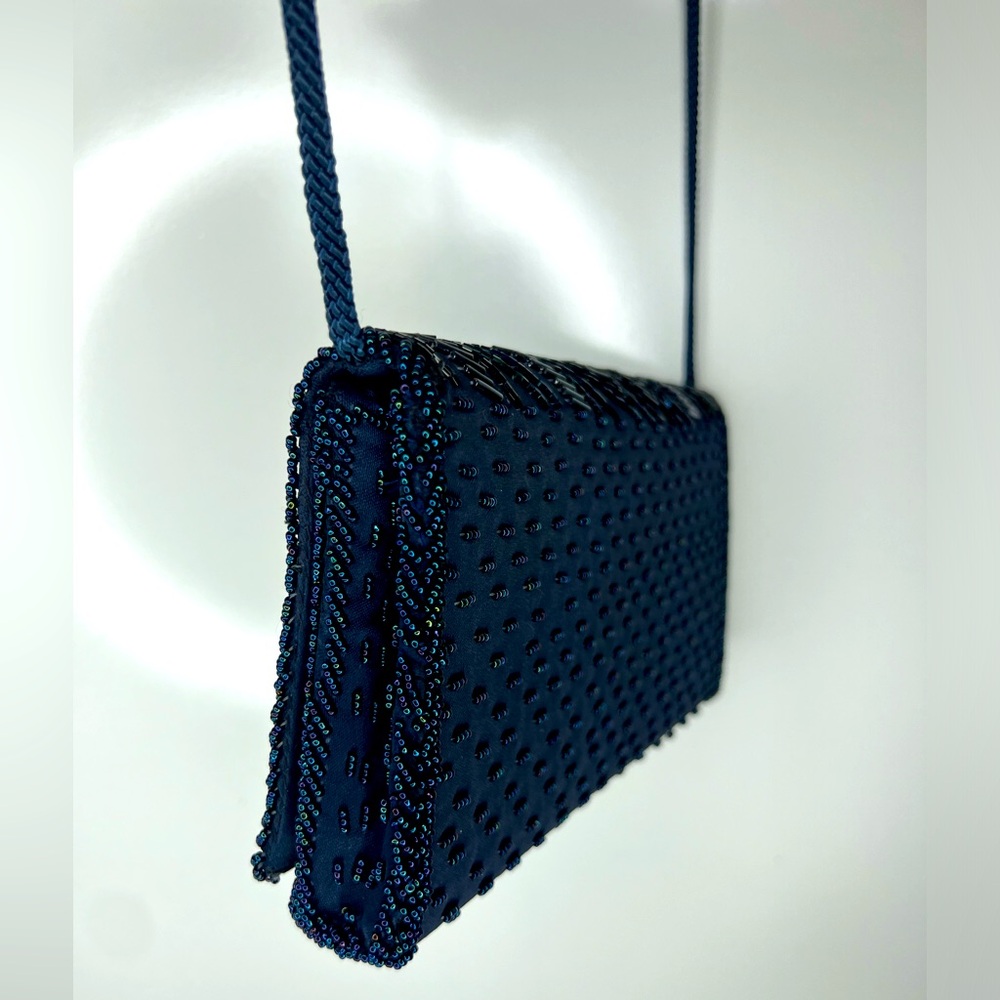 Vintage 1960s Genie Cross Body Beaded Purse Black/Navy Blue/Silver Evening Bag - Picture 14 of 16